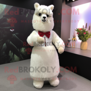 White Alpaca mascot costume character dressed with a A-Line Dress and Lapel pins