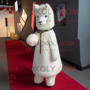 White Alpaca mascot costume character dressed with a A-Line Dress and Lapel pins