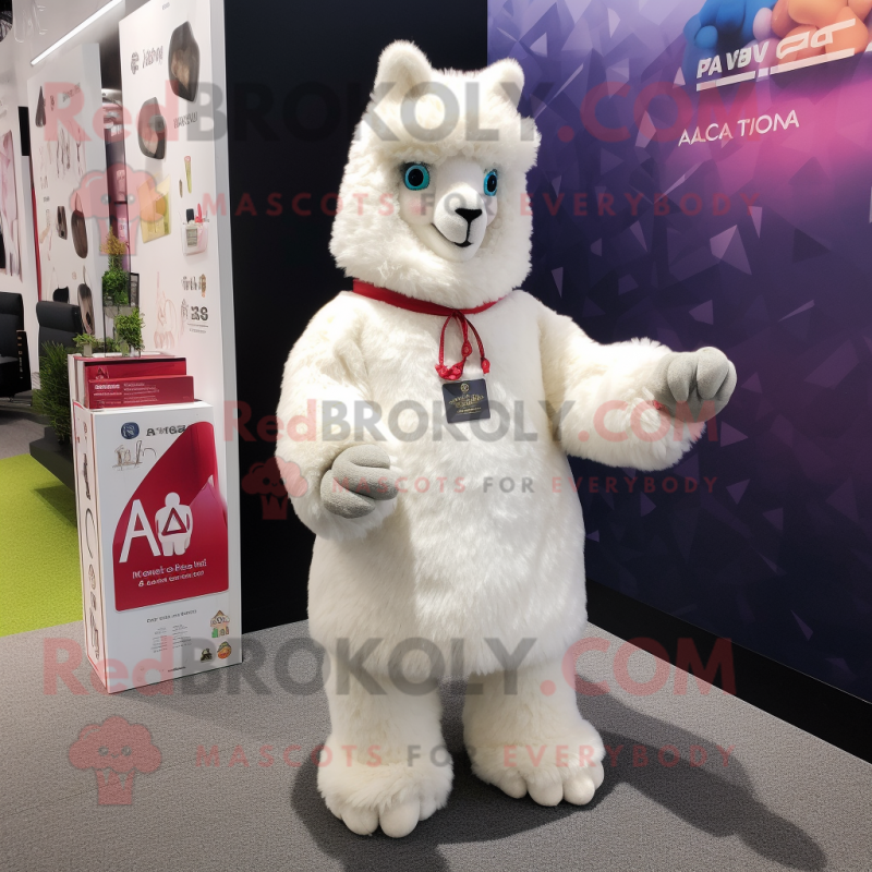 White Alpaca mascot costume character dressed with a A-Line Dress and Lapel pins