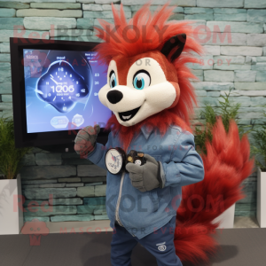 Red Skunk mascot costume character dressed with a Denim Shirt and Digital watches
