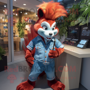 Red Skunk mascot costume character dressed with a Denim Shirt and Digital watches