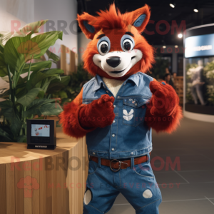 Red Skunk mascot costume character dressed with a Denim Shirt and Digital watches