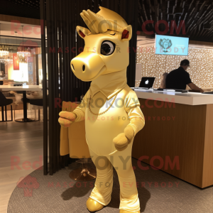 Gold Mare mascot costume character dressed with a Bodysuit and Messenger bags