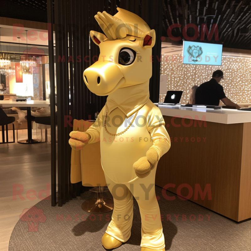 Gold Mare mascot costume character dressed with a Bodysuit and Messenger bags Gold Mare mascot costume character dressed with a Bodysuit and Messenger bags
