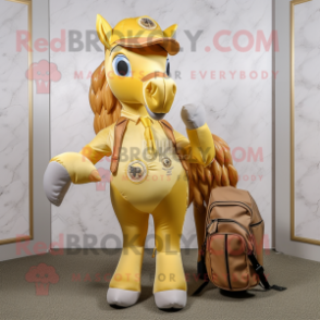 Gold Mare mascot costume character dressed with a Bodysuit and Messenger bags