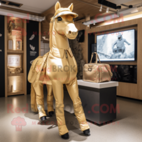 Gold Mare mascot costume character dressed with a Bodysuit and Messenger bags