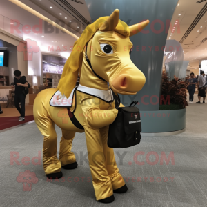 Gold Mare mascot costume character dressed with a Bodysuit and Messenger bags