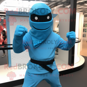 Sky Blue Ninja mascot costume character dressed with a Hoodie and Cufflinks