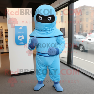 Sky Blue Ninja mascot costume character dressed with a Hoodie and Cufflinks