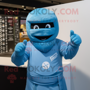 Sky Blue Ninja mascot costume character dressed with a Hoodie and Cufflinks