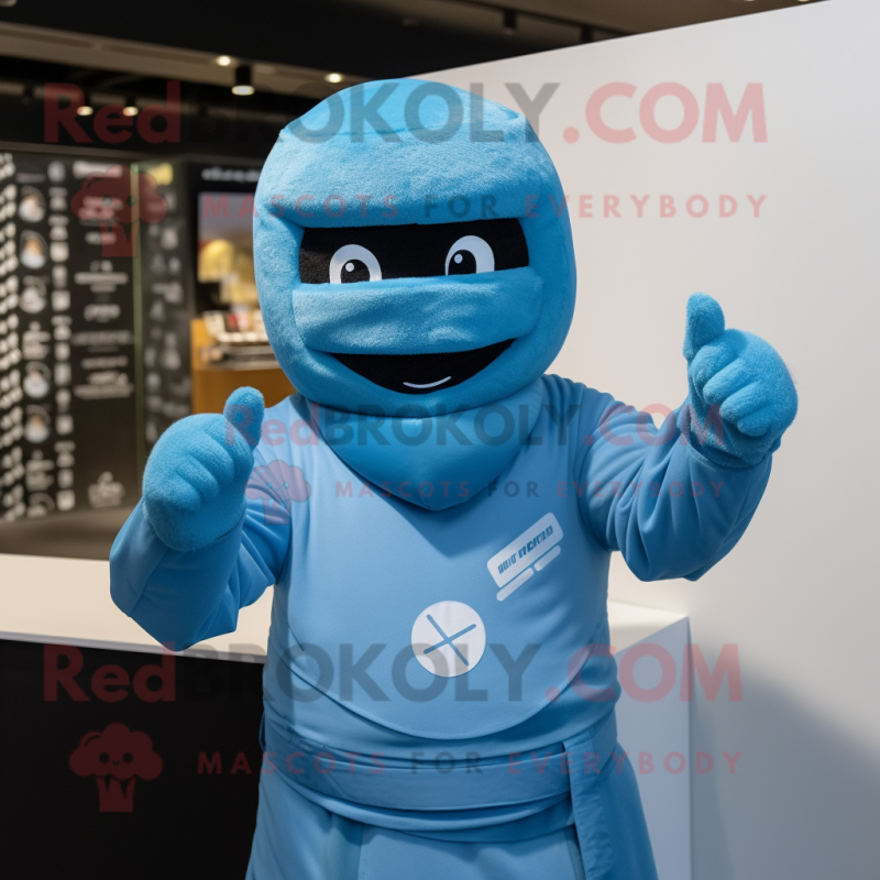 Sky Blue Ninja mascot costume character dressed with a Hoodie and Cufflinks Sky Blue Ninja mascot costume character dressed with a Hoodie and Cufflinks