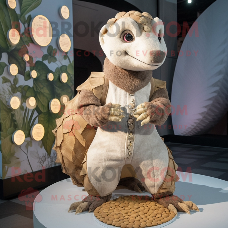 Cream Pangolin mascot costume character dressed with a Romper and Coin purses Cream Pangolin mascot costume character dressed with a Romper and Coin purses