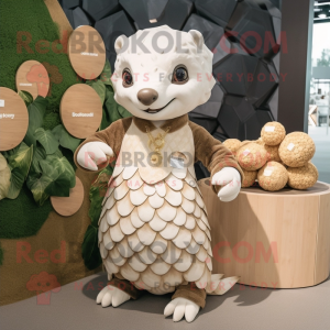 Cream Pangolin mascot costume character dressed with a Romper and Coin purses