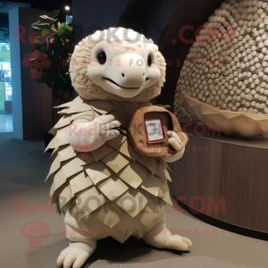 Cream Pangolin mascot costume character dressed with a Romper and Coin purses