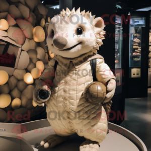 Cream Pangolin mascot costume character dressed with a Romper and Coin purses