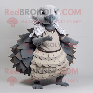 Gray Pangolin mascot costume character dressed with a Maxi Skirt and Ties