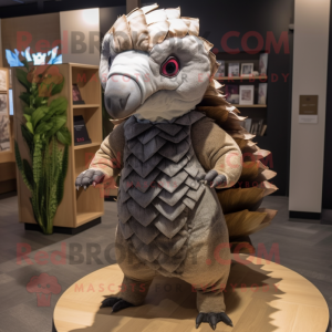 Gray Pangolin mascot costume character dressed with a Maxi Skirt and Ties