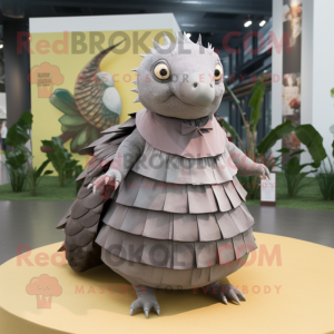 Gray Pangolin mascot costume character dressed with a Maxi Skirt and Ties