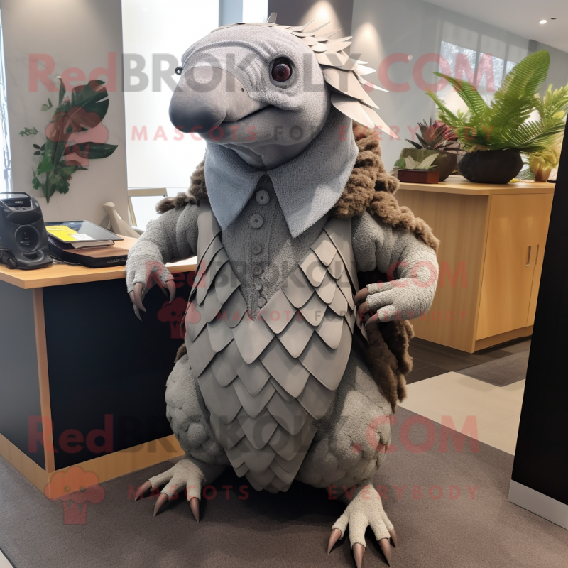 Gray Pangolin mascot costume character dressed with a Maxi Skirt and Ties Gray Pangolin mascot costume character dressed with a Maxi Skirt and Ties