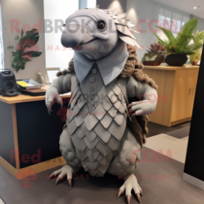 Gray Pangolin mascot costume character dressed with a Maxi Skirt and Ties