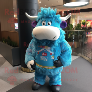 Sky Blue Yak mascot costume character dressed with a Turtleneck and Keychains