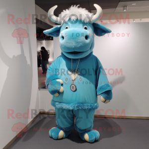 Sky Blue Yak mascot costume character dressed with a Turtleneck and Keychains