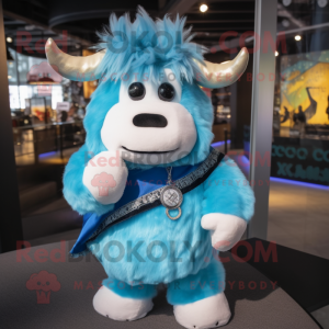 Sky Blue Yak mascot costume character dressed with a Turtleneck and Keychains