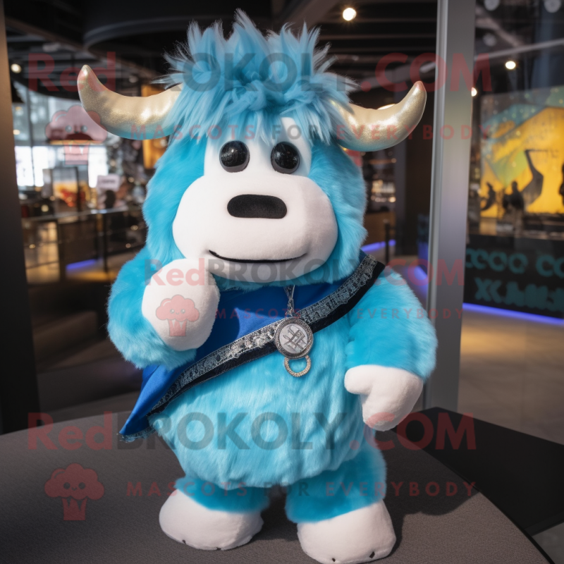 Sky Blue Yak mascot costume character dressed with a Turtleneck and Keychains Sky Blue Yak mascot costume character dressed with a Turtleneck and Keychains