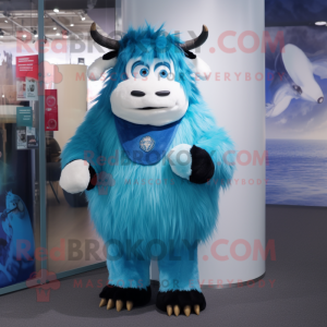 Sky Blue Yak mascot costume character dressed with a Turtleneck and Keychains