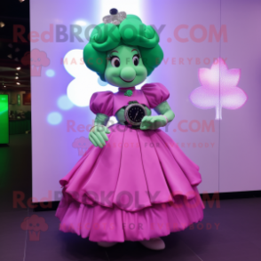 Magenta Four Leaf Clover mascot costume character dressed with a Evening Gown and Smartwatches
