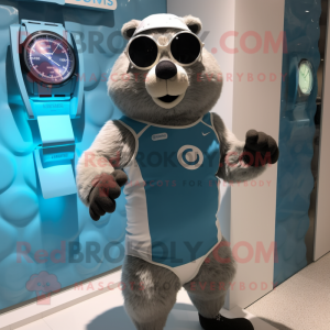 Silver Marmot mascot costume character dressed with a Swimwear and Smartwatches