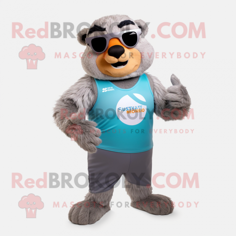 Silver Marmot mascot costume character dressed with a Swimwear and Smartwatches Silver Marmot mascot costume character dressed with a Swimwear and Smartwatches