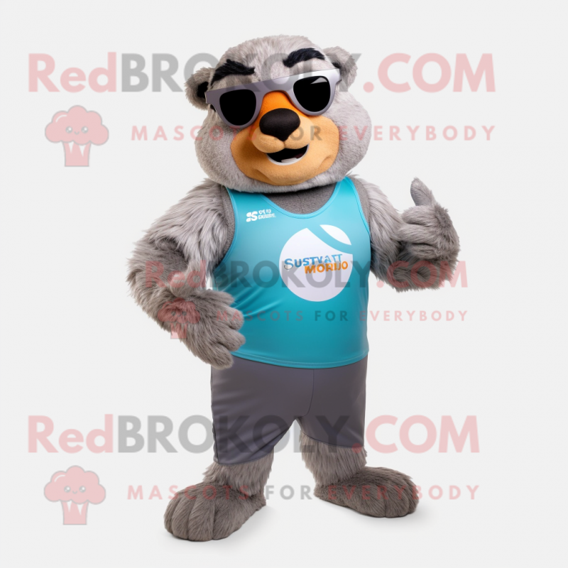 Silver Marmot mascot costume character dressed with a Swimwear and Smartwatches