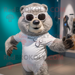 Silver Marmot mascot costume character dressed with a Swimwear and Smartwatches