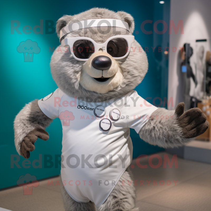 Silver Marmot mascot costume character dressed with a Swimwear and Smartwatches Silver Marmot mascot costume character dressed with a Swimwear and Smartwatches