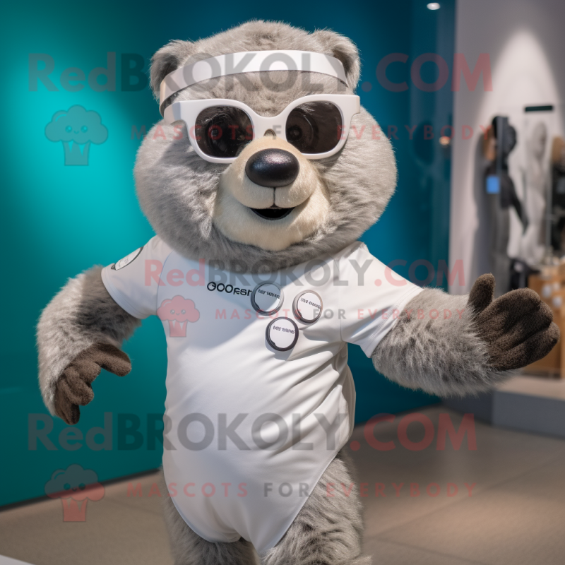 Silver Marmot mascot costume character dressed with a Swimwear and Smartwatches