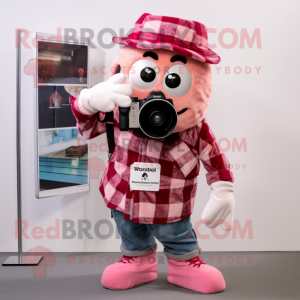 Pink Camera mascot costume character dressed with a Flannel Shirt and Scarves