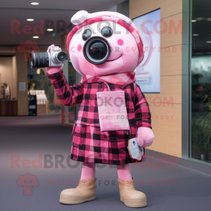 Pink Camera mascot costume character dressed with a Flannel Shirt and Scarves