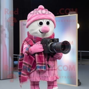 Pink Camera mascot costume character dressed with a Flannel Shirt and Scarves