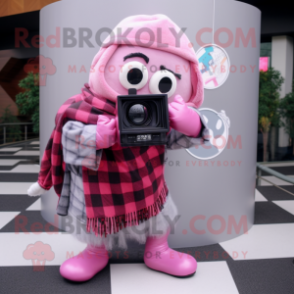 Pink Camera mascot costume character dressed with a Flannel Shirt and Scarves