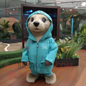 Turquoise Sea Lion mascot costume character dressed with a Windbreaker and Hairpins