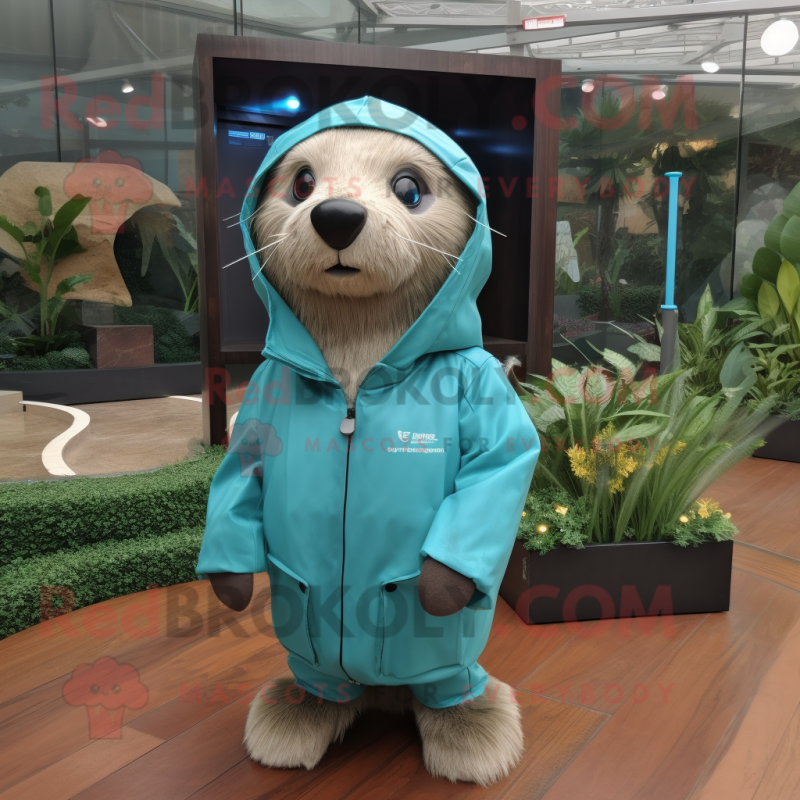 Turquoise Sea Lion mascot costume character dressed with a Windbreaker and Hairpins