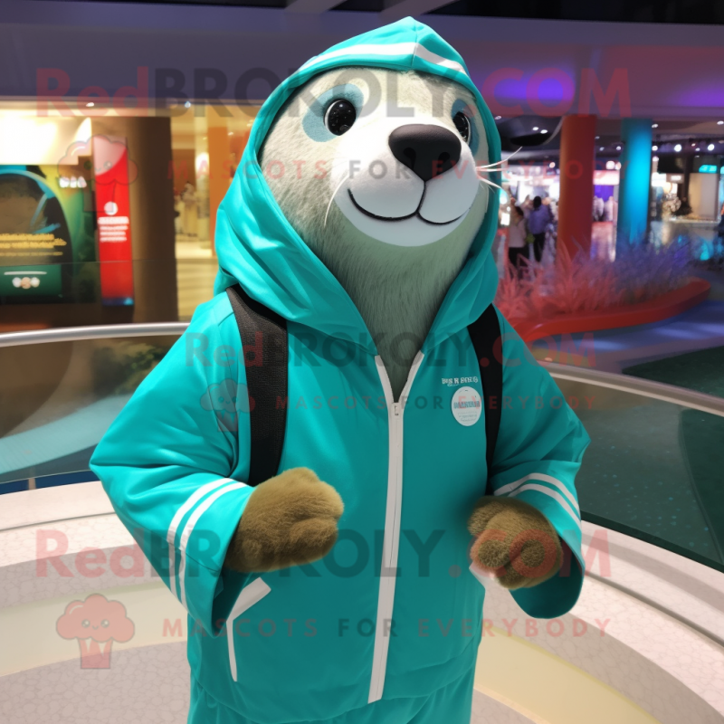 Turquoise Sea Lion mascot costume character dressed with a Windbreaker and Hairpins