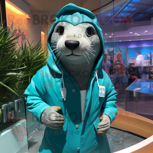 Turquoise Sea Lion mascot costume character dressed with a Windbreaker and Hairpins