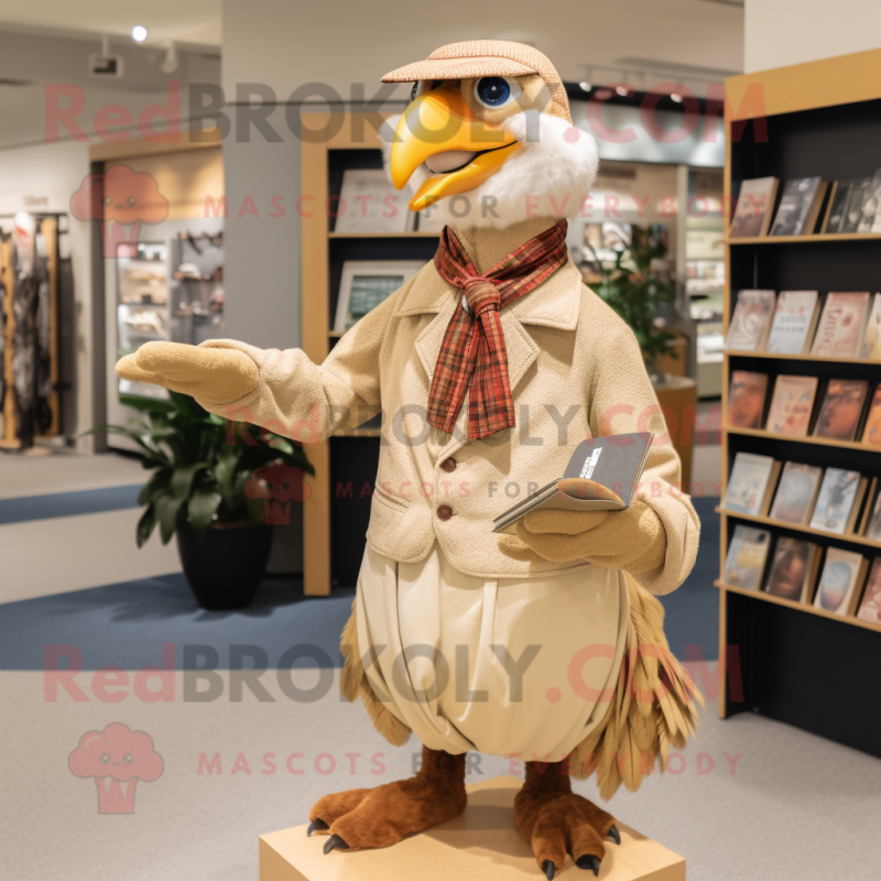 Beige Pheasant mascot costume character dressed with a Oxford Shirt and Mittens