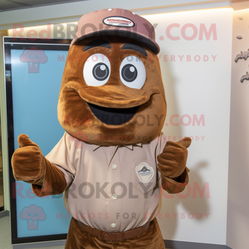 Brown Aglet mascot costume character dressed with a Button-Up Shirt and Beanies