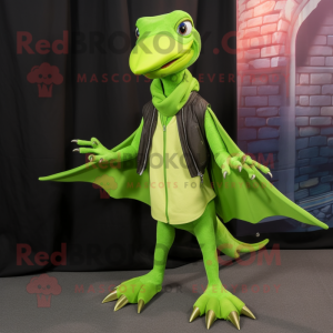 Lime Green Pterodactyl mascot costume character dressed with a Leather Jacket and Scarves