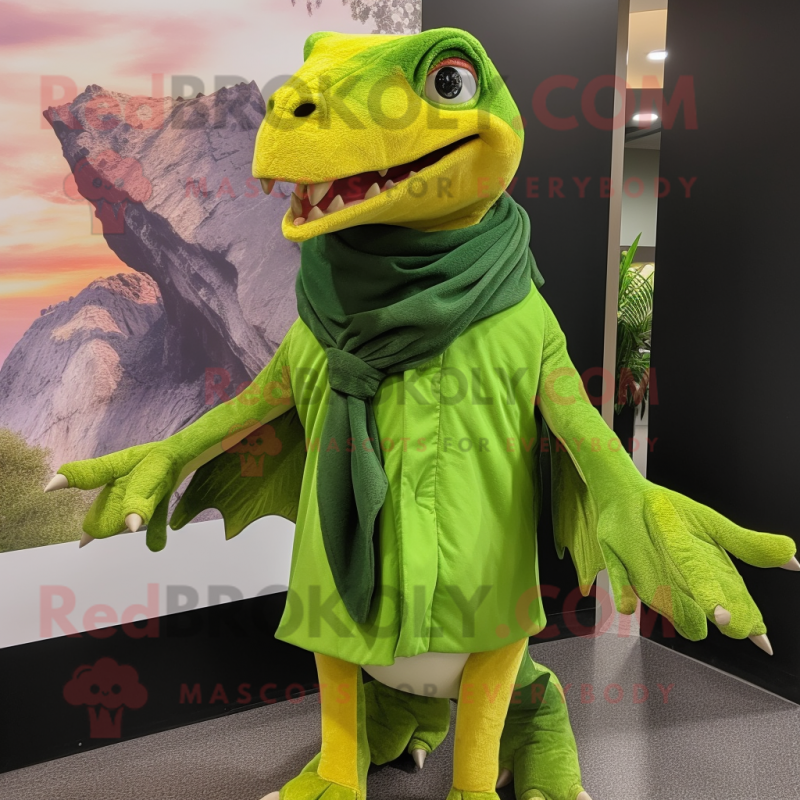 Lime Green Pterodactyl mascot costume character dressed with a Leather Jacket and Scarves