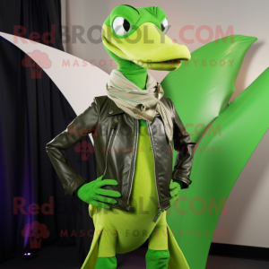 Lime Green Pterodactyl mascot costume character dressed with a Leather Jacket and Scarves