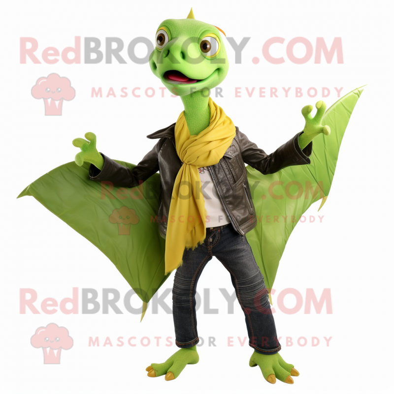 Lime Green Pterodactyl mascot costume character dressed with a Leather Jacket and Scarves